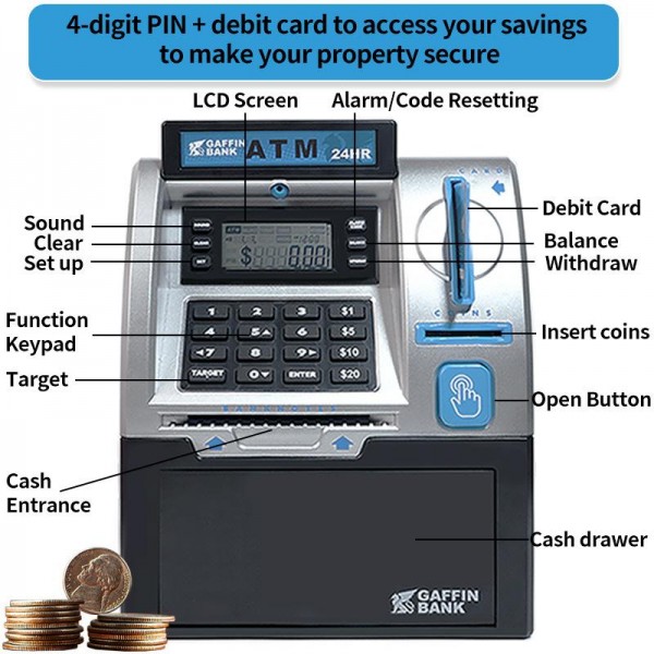Simulated ATM Automatic Teller Machine Smart Password Card Swipe Children Piggy Bank(Black)