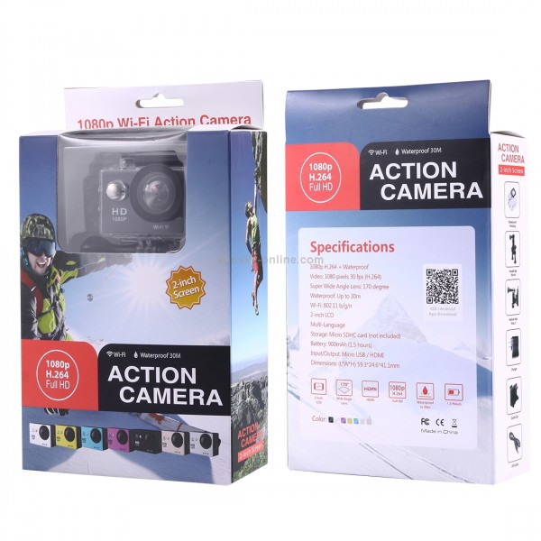 Sports Cam Full HD 1080P H.264 1.5 inch LCD WiFi Edition Sports Camera with 170-degree Wide-angle Lens, Support 30m Waterproof(Black)