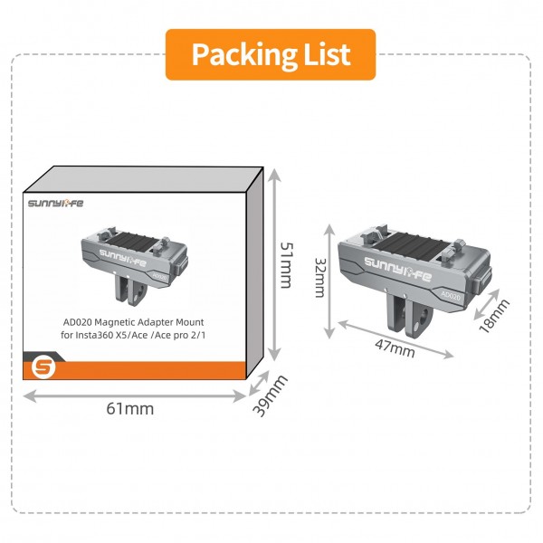 Sunnylife Metal Magnetic Quick Release Adapter Mount Action Camera Foldable Cam Stand 1/4 Adapter for Insta360 X5 / Ace / Ace Pro 2 / 1 (Silver)