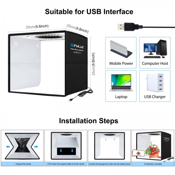 [US Warehouse] PULUZ 25cm Folding Portable 3 Modes Dual Color Temperature Ring Light Photo Lighting Studio Shooting Tent Box with 6 x Dual-side Color Backdrops, Size: 25cm x 25cm x 25cm