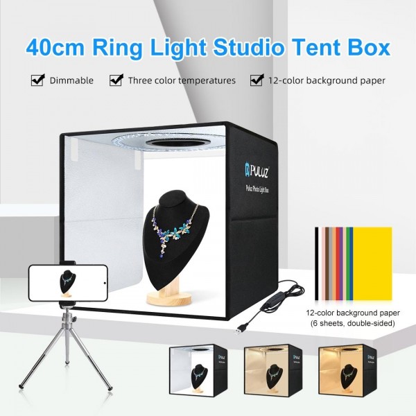 [US Warehouse] PULUZ 40cm Folding Portable Ring Light USB Photo Lighting Studio Shooting Tent Box with 6 x Dual-side Color Backdrops, Size: 40cm x 40cm x 40cm
