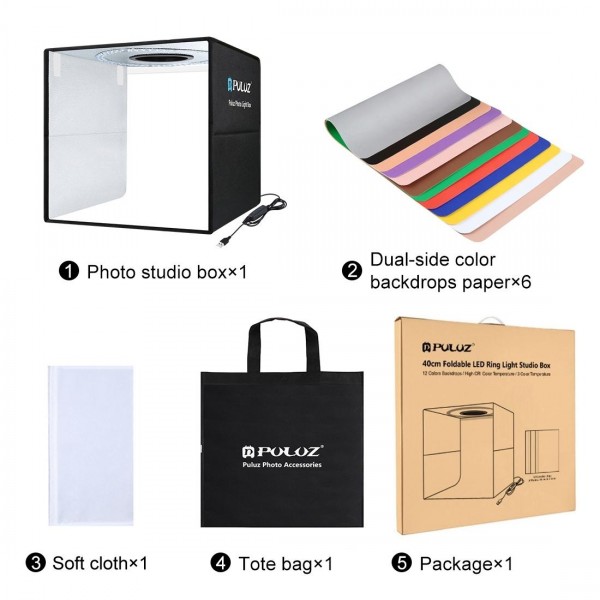 [US Warehouse] PULUZ 40cm Folding Portable Ring Light USB Photo Lighting Studio Shooting Tent Box with 6 x Dual-side Color Backdrops, Size: 40cm x 40cm x 40cm