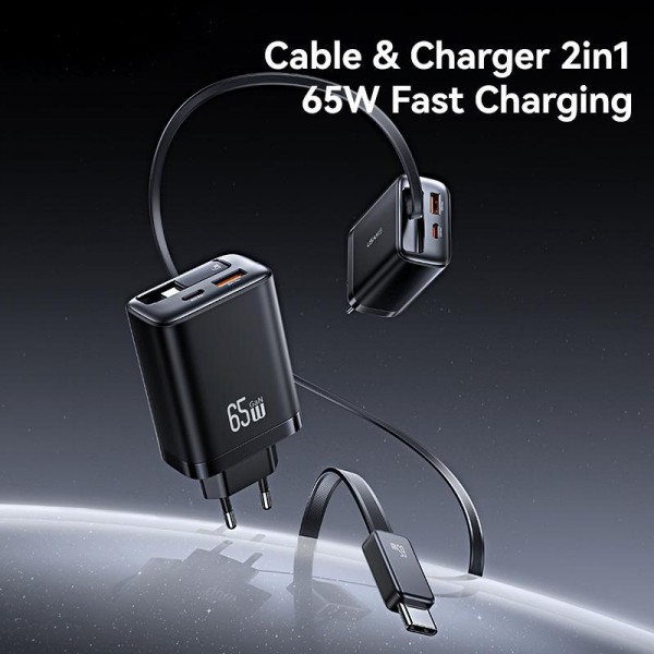 USAMS CC299 65W Fast Charger With Retractable USB-C / Type-C Cable, EU Plug(Black)