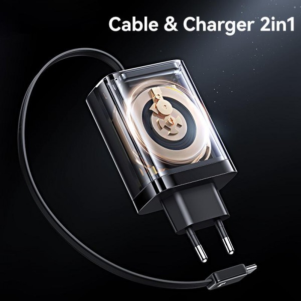 USAMS CC299 65W Fast Charger With Retractable USB-C / Type-C Cable, EU Plug(Black)