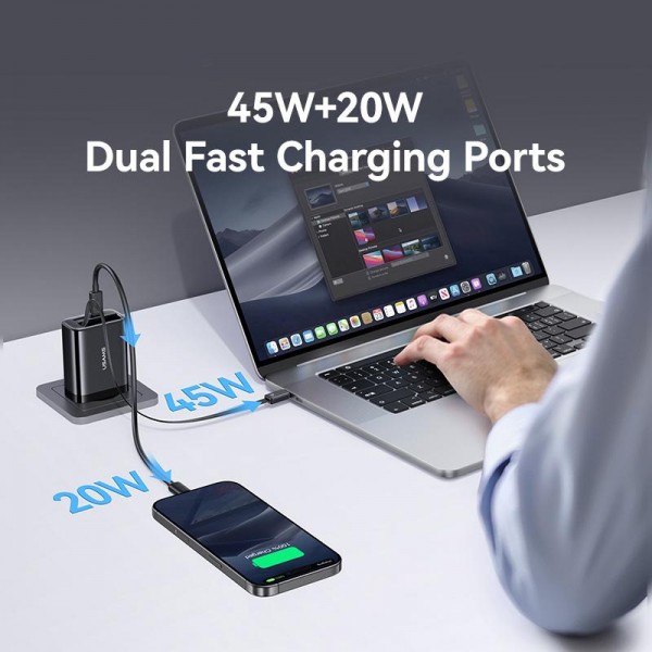 USAMS CC299 65W Fast Charger With Retractable USB-C / Type-C Cable, EU Plug(Black)