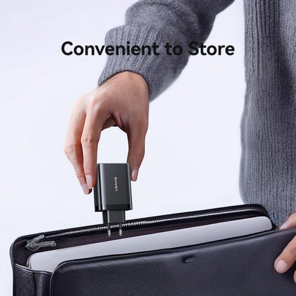 USAMS CC299 65W Fast Charger With Retractable USB-C / Type-C Cable, EU Plug(Black)