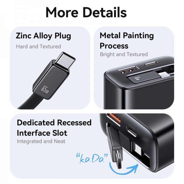 USAMS CC299 65W Fast Charger With Retractable USB-C / Type-C Cable, EU Plug(Black)