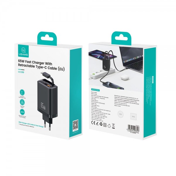 USAMS CC299 65W Fast Charger With Retractable USB-C / Type-C Cable, EU Plug(Black)