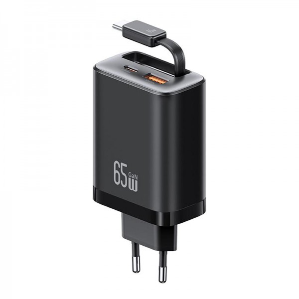 USAMS CC299 65W Fast Charger With Retractable USB-C / Type-C Cable, EU Plug(Black)