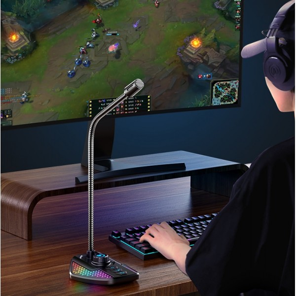 USB Gaming Microphone Built In Sound Card 5 Voice Changing Modes with RGB Lighting