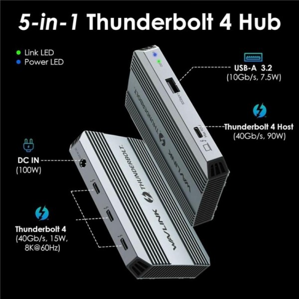 WAVLINK UTD49T 100W PD Input USB-A High Speed Data Transfer Adapter Thunderbolt 4 Hub(US Plug)