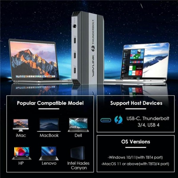 WAVLINK UTD49T 100W PD Input USB-A High Speed Data Transfer Adapter Thunderbolt 4 Hub(US Plug)