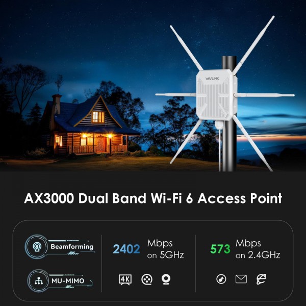 WAVLINK WN588HX3 AX3000 Outdoor WiFi Extender with 6 Antennas Dual Band WiFi Repeater, Plug:US Plug