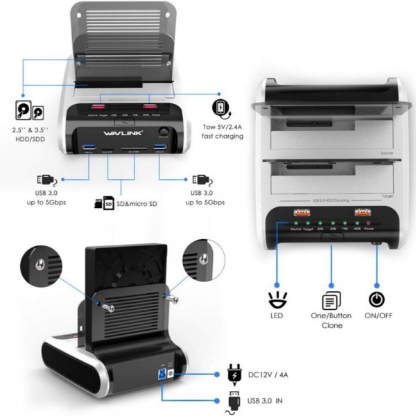Wavlink ST336A SSD HDD Fast Offline Clone SATA  USB 3.0 External Hard Drive Case(US Plug)