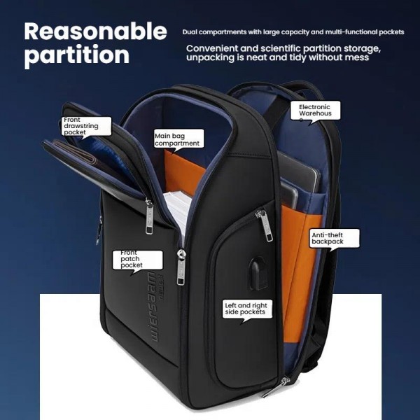 Wiersaam Men Waterproof Anti-Theft Business Backpack Travel Laptop Bag With USB Charging Port & Password Lock Large