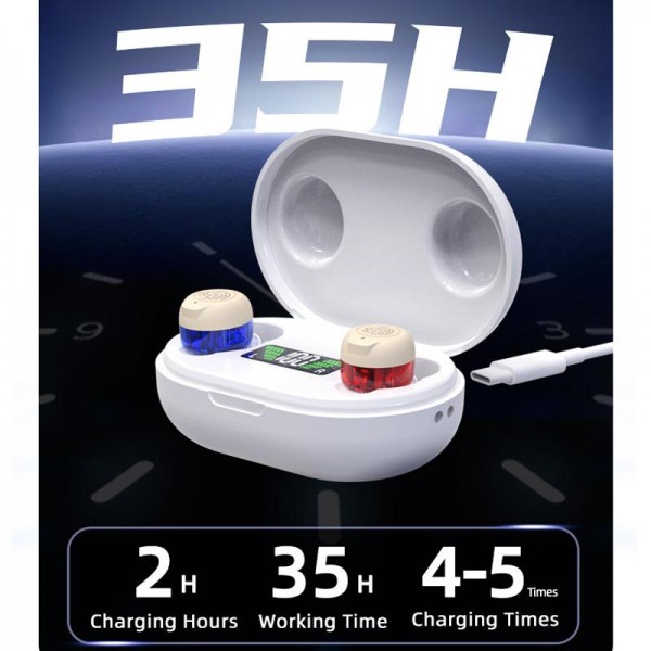 Wireless Invisible Hearing Aid With Digital Display Charging Case & Touch Control Red Blue+White Case