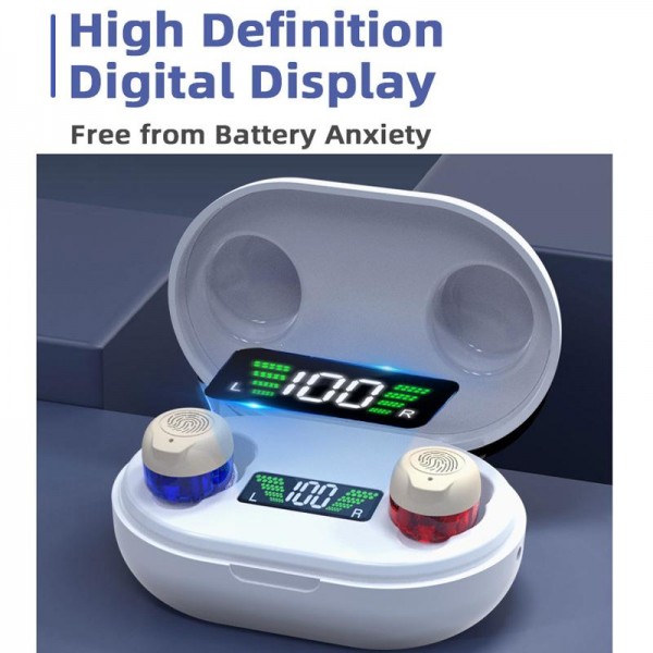 Wireless Invisible Hearing Aid With Digital Display Charging Case & Touch Control Red Blue+White Case