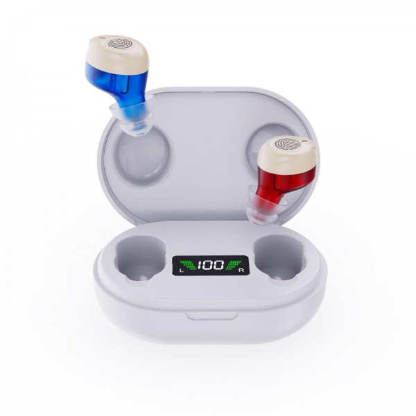Wireless Invisible Hearing Aid With Digital Display Charging Case & Touch Control Red Blue+White Case