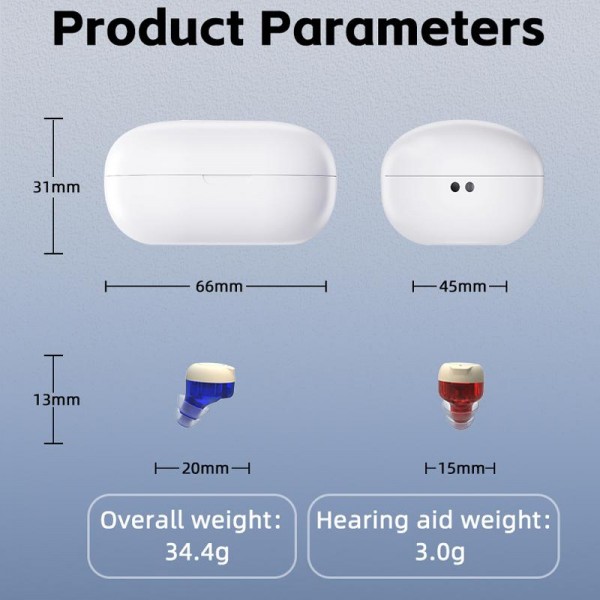 Wireless Invisible Hearing Aid With Digital Display Charging Case & Touch Control Red Blue+White Case