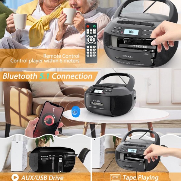 X2A Portable Cassette Player Stereo Bluetooth AM/FM/MP3 Music CD Player Tape Recorder US Plug(White)