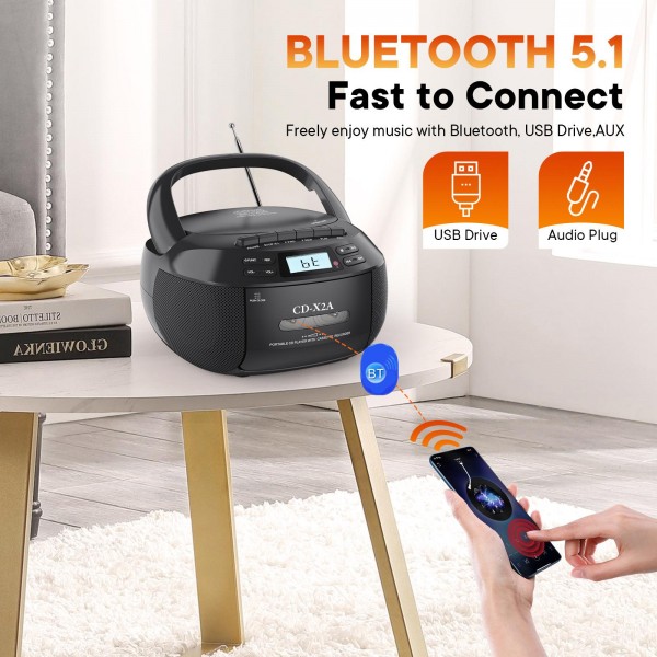 X2A Portable Cassette Player Stereo Bluetooth AM/FM/MP3 Music CD Player Tape Recorder US Plug(White)