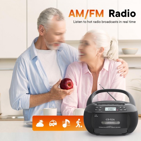 X2A Portable Cassette Player Stereo Bluetooth AM/FM/MP3 Music CD Player Tape Recorder US Plug(White)