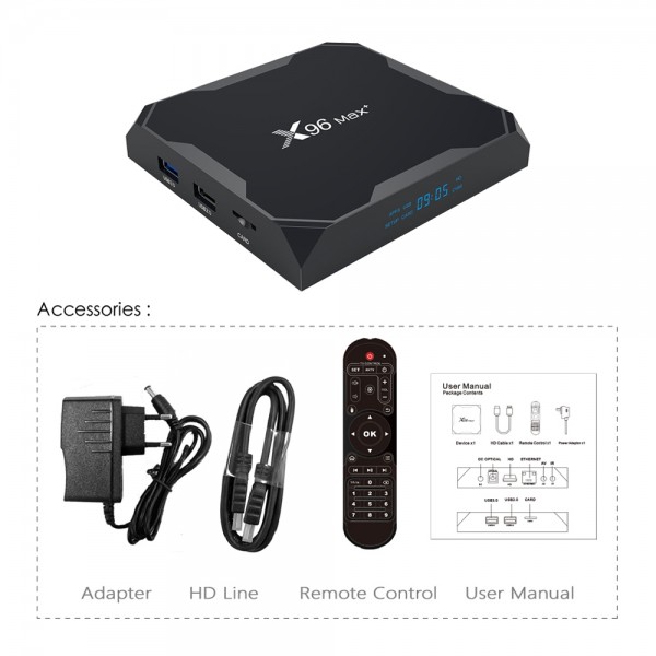 X96 max+ 4K Smart TV Box, Android 9.0, Amlogic S905X3 Quad-Core Cortex-A55,4GB+32GB, Support LAN, AV, 2.4G/5G WiFi, USBx2,TF Card, US Plug
