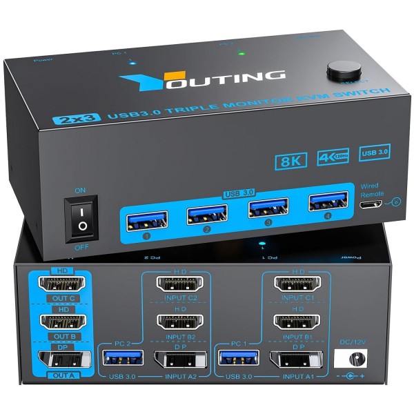 YOUTING YT-203HD 2 In 3 Out KVM USB3.0 Switch EU Plug
