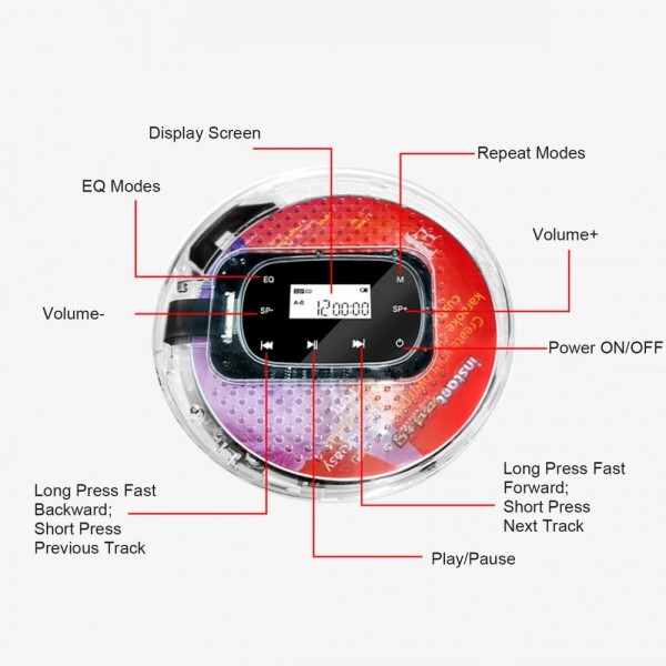 YR-Q90 Bluetooth Portable MP3 CD Player Touch Button Support Repeat MP3, CD-R, CD-RW Format(Transparent)