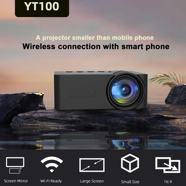 YT100 Suppor 1080P Mini Portable Projector WiFi Wireless Mirroring For IOS Android Smartphone(Black)