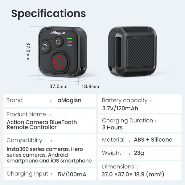 aMagisn Wireless Bluetooth Remote Control for Insta360, GoPro Hero Cameras & Smartphones - 50m Long Range