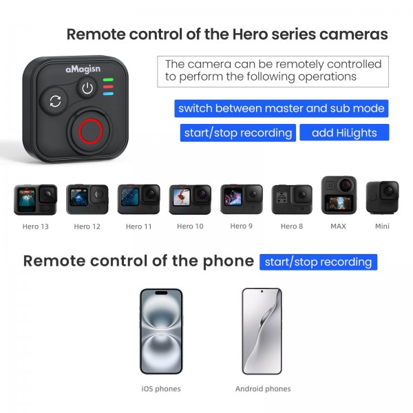 aMagisn Wireless Bluetooth Remote Control for Insta360, GoPro Hero Cameras & Smartphones - 50m Long Range