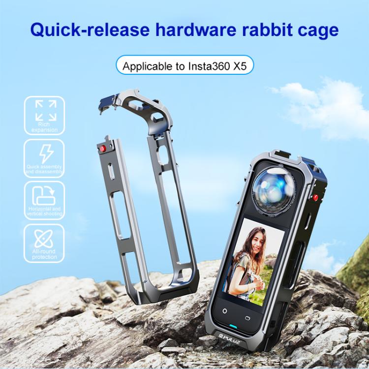 For-Insta360-X5-PULUZ-Aluminum-Alloy-Protective-Cage-Rig-Expand-Cold-Shoe-Housing-Frame-Grey-PU748H