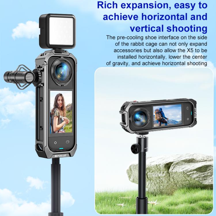 For-Insta360-X5-PULUZ-Aluminum-Alloy-Protective-Cage-Rig-Expand-Cold-Shoe-Housing-Frame-Grey-PU748H