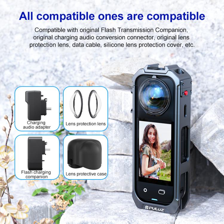 For-Insta360-X5-PULUZ-Aluminum-Alloy-Protective-Cage-Rig-Expand-Cold-Shoe-Housing-Frame-Grey-PU748H