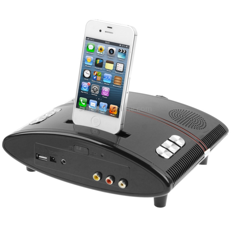 Multimedia-LED-Projector-and-Charging-Base-with-Speaker-for-iPhone-4-Support-AV-Input-Black-S-DMP-0101