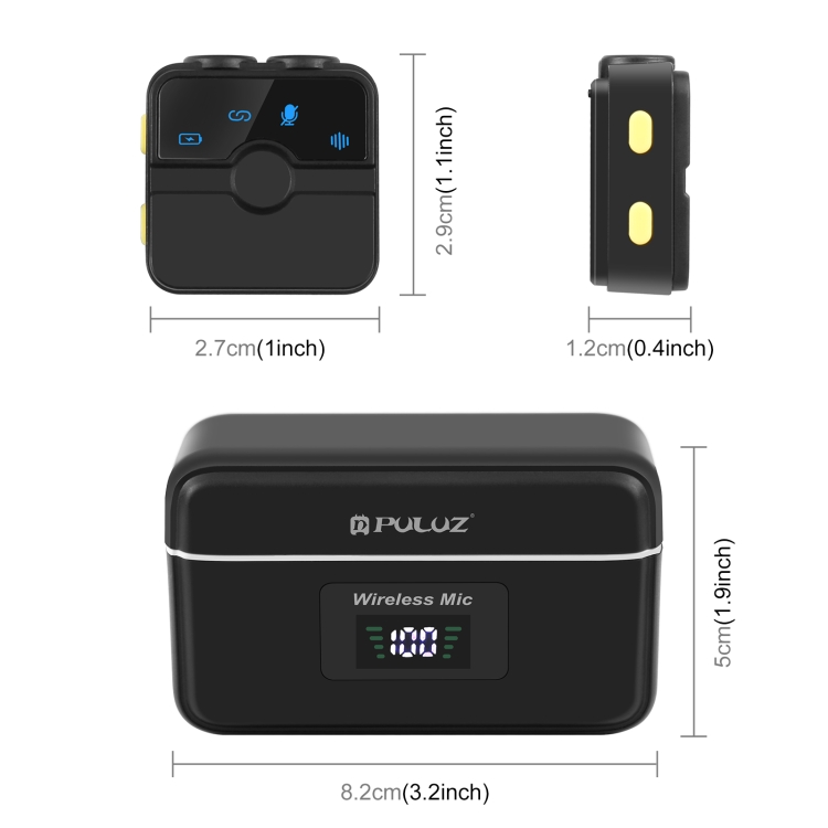 PULUZ-SmartLink-WS300-Magnetic-Lavalier-Wireless-Microphone-with-Charging-Case-Box-8-Pin-RX-Receiver-and-2-TX-Microphones-Black-PU3156B
