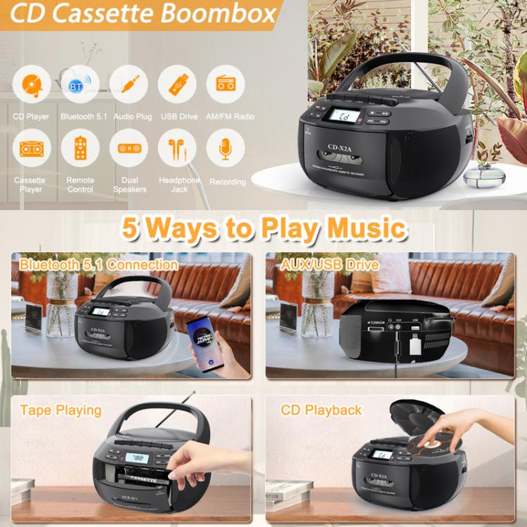 X2A-Portable-Cassette-Player-Stereo-Bluetooth-AMFMMP3-Music-CD-Player-Tape-Recorder-US-PlugWhite-TBD0606047401A