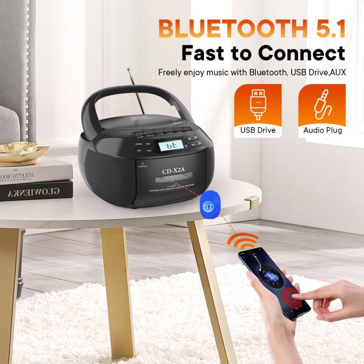 X2A-Portable-Cassette-Player-Stereo-Bluetooth-AMFMMP3-Music-CD-Player-Tape-Recorder-US-PlugWhite-TBD0606047401A
